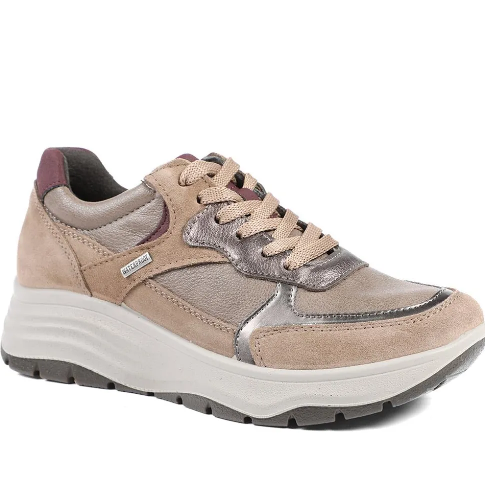 Adelia Wide Fit Leather Lace Up Trainers - Beige Multi