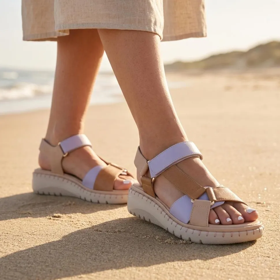 Adjustable Fastening Cushioning Sandals - Tan Multi