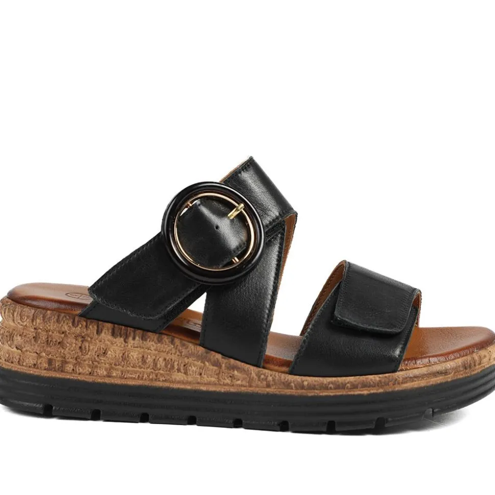 Adjustable Leather Wedge Sandals - Black
