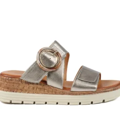 Adjustable Leather Wedge Sandals - Metallic