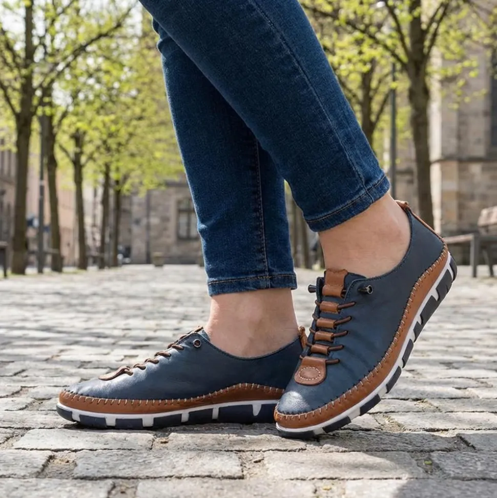 All Leather Lace Up Stitch Detail Shoes - Navy Tan