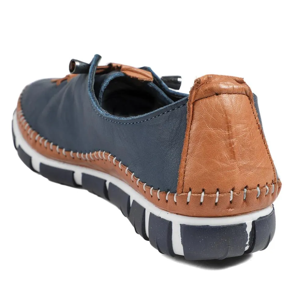 All Leather Lace Up Stitch Detail Shoes - Navy Tan