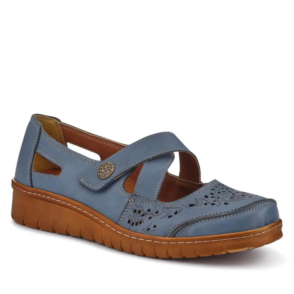 All-Leather Touch-Fasten Mary Janes - Denim