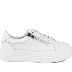 Arianna Quilted Leather Zip & Lace Trainers - White Leather