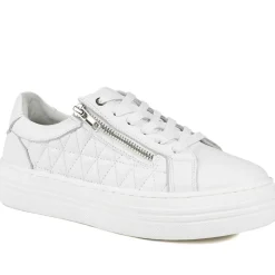 Arianna Quilted Leather Zip & Lace Trainers - White Leather