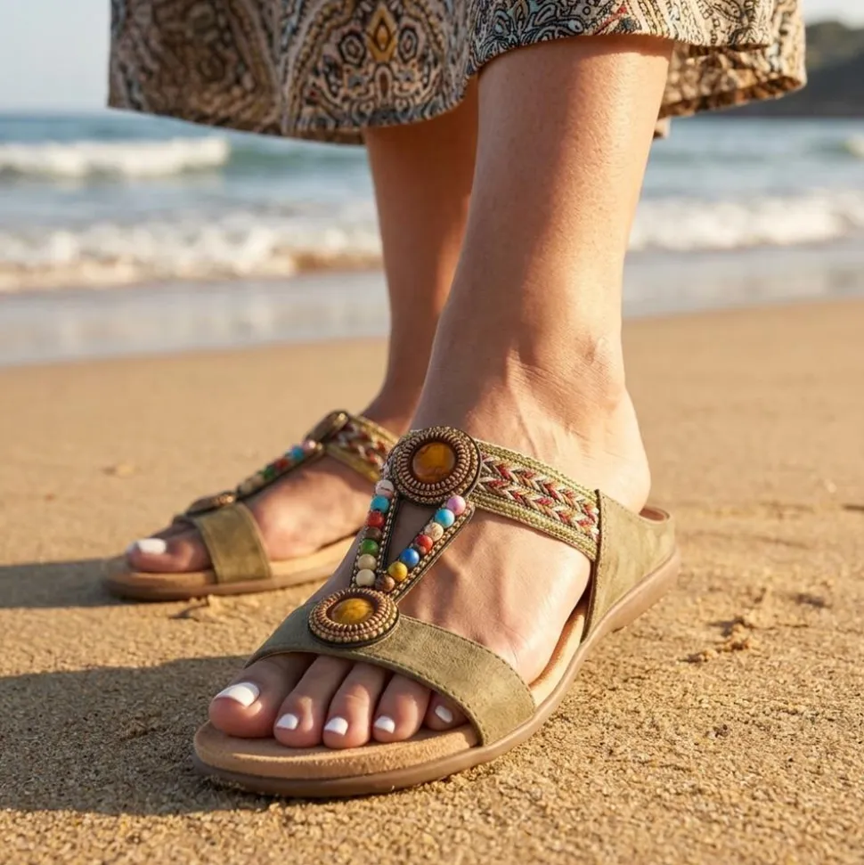 Beaded Lightweight Mule Sandals - Khaki