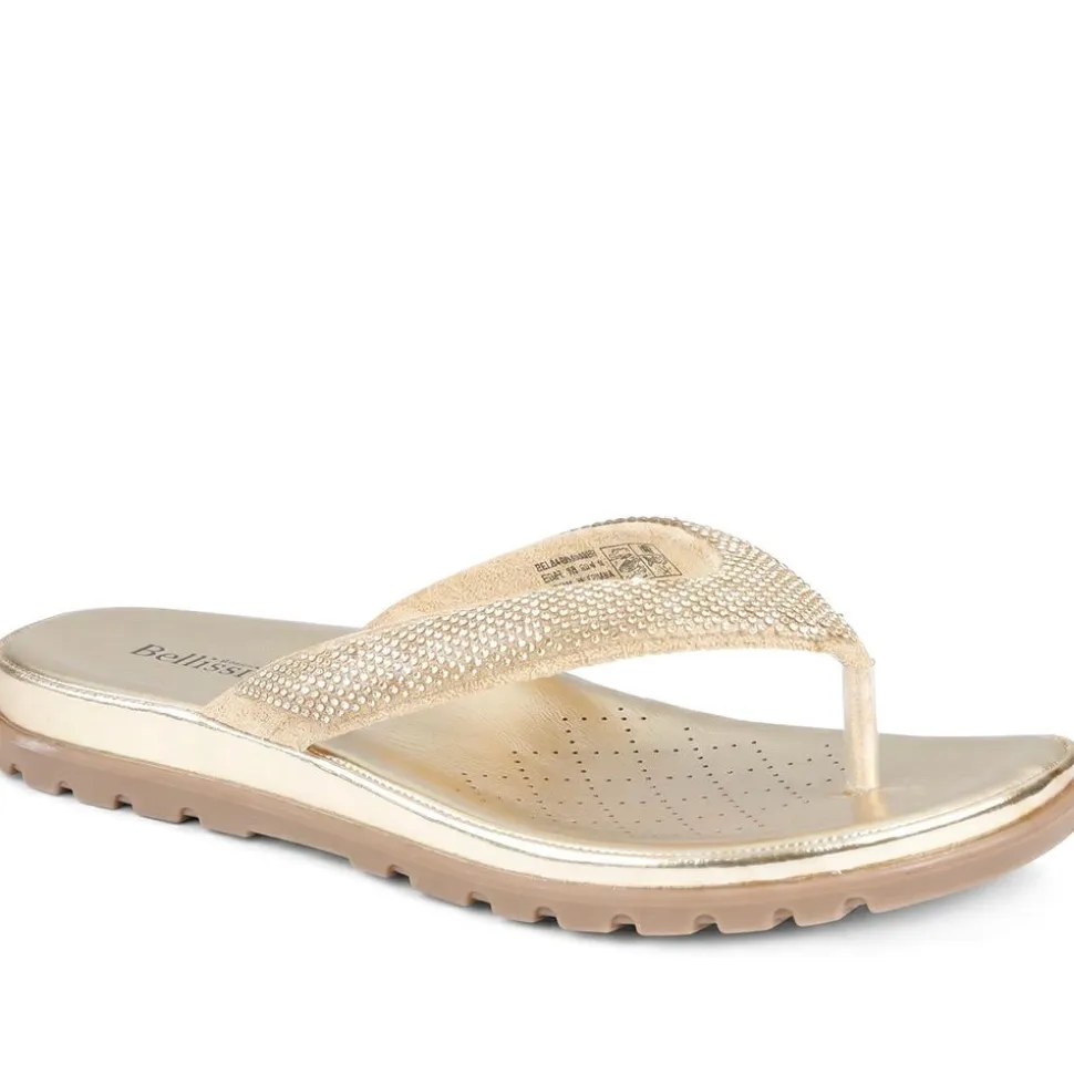 Bellissimo Cushioned Diamante Toe Post Sandals - Gold