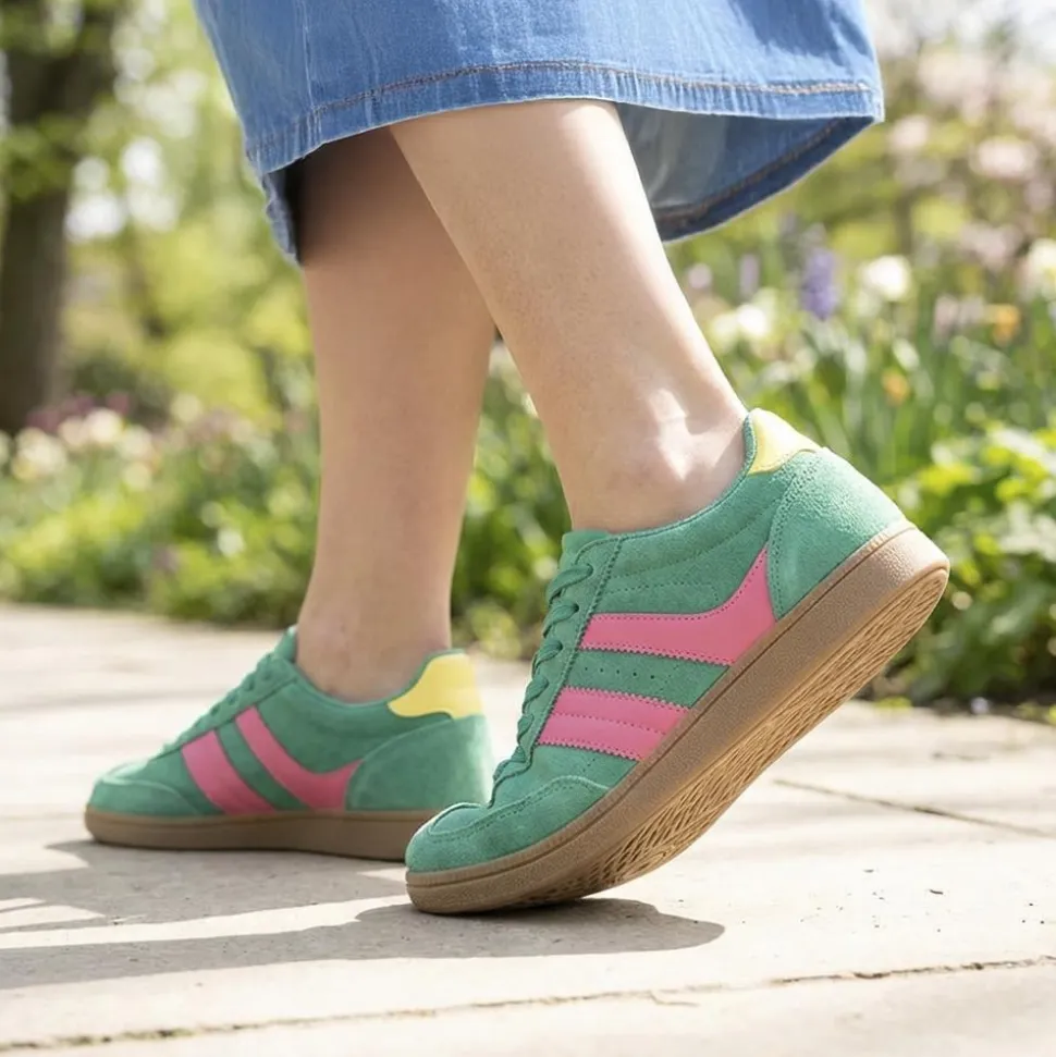 Bellissimo Leather Striped Lace Up Trainers - Green-Pink