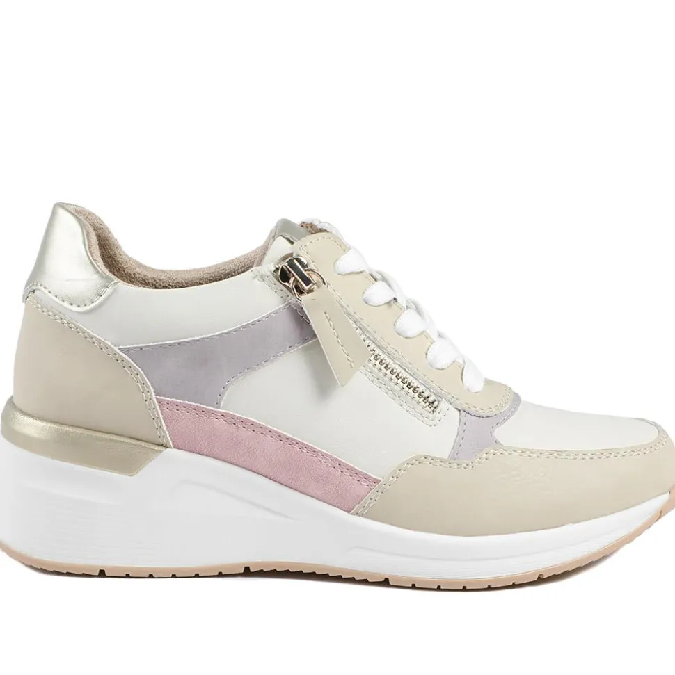 Bellissimo Zip & Lace Wedged Trainers - Beige Multi