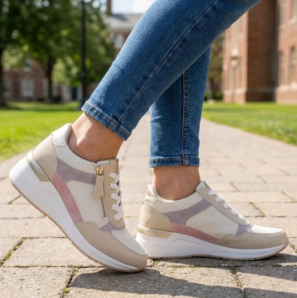 Bellissimo Zip & Lace Wedged Trainers - Beige Multi