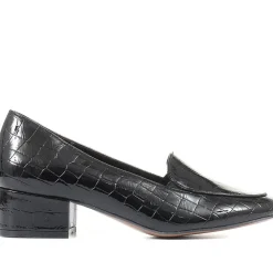 Block Heeled Court Shoes - Black Patent Croc