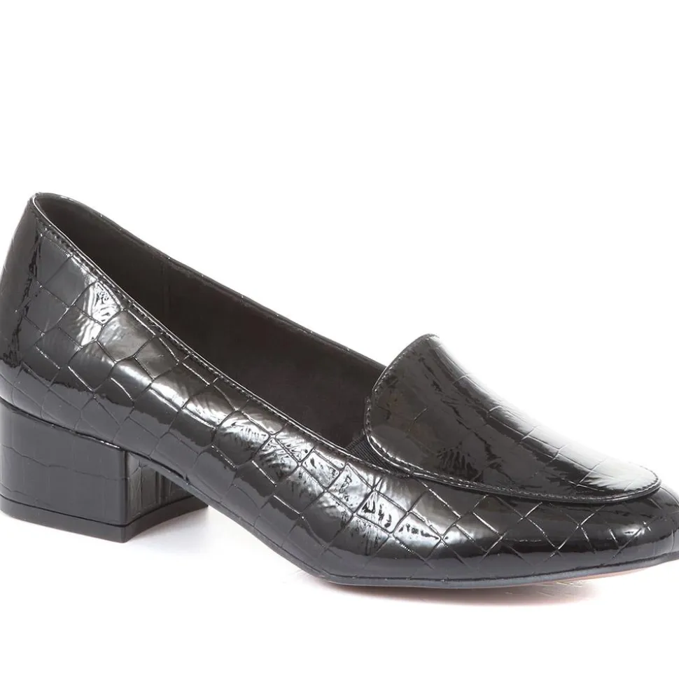 Block Heeled Court Shoes - Black Patent Croc