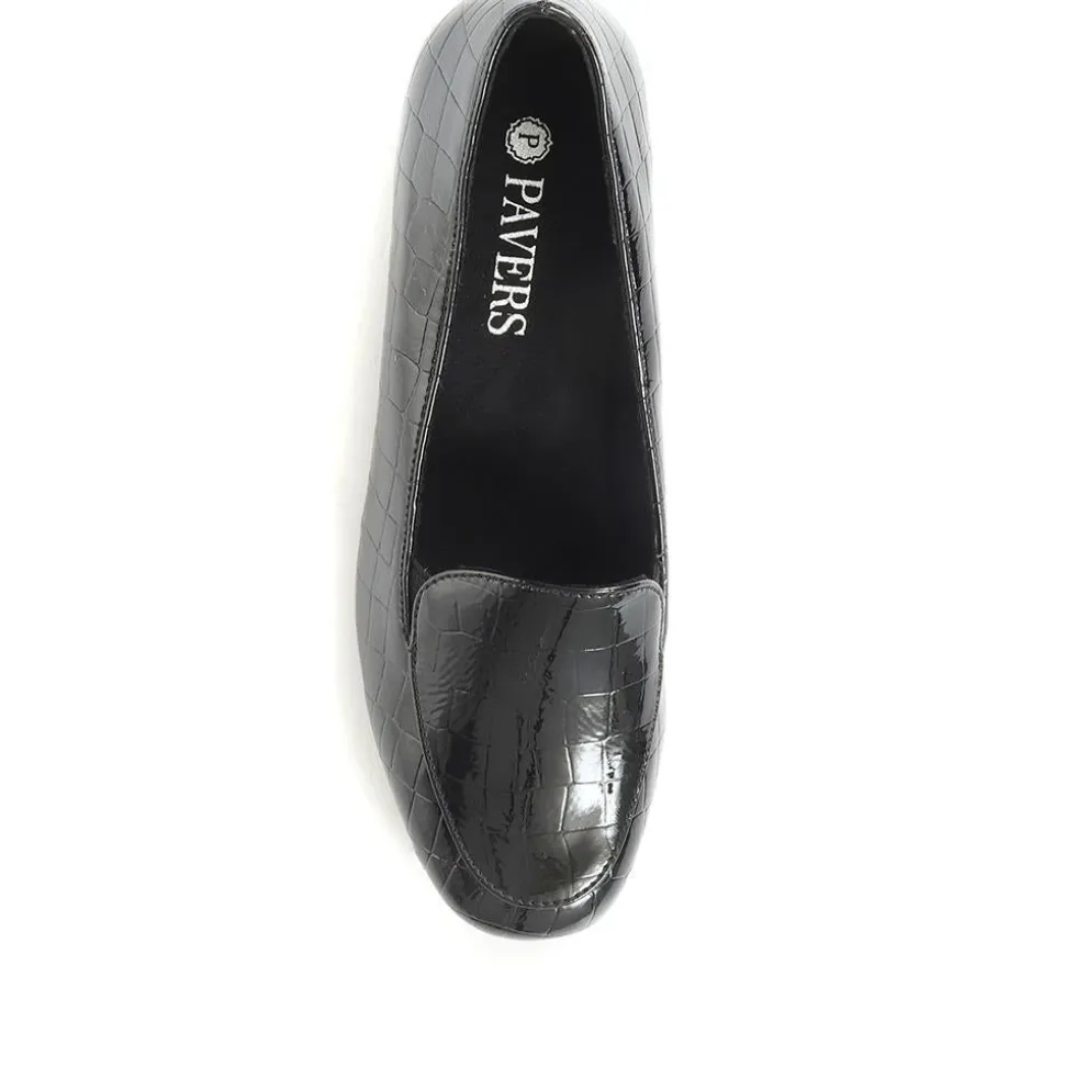 Block Heeled Court Shoes - Black Patent Croc