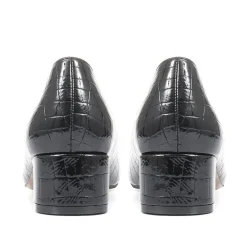 Block Heeled Court Shoes - Black Patent Croc