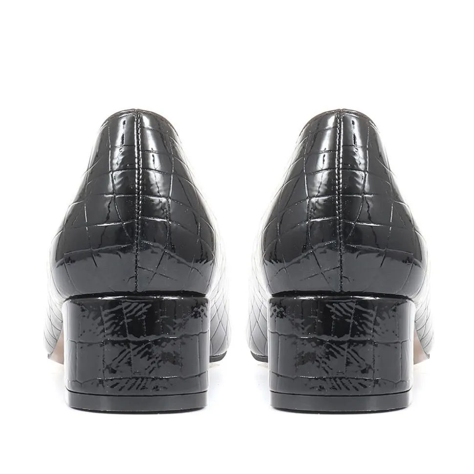 Block Heeled Court Shoes - Black Patent Croc