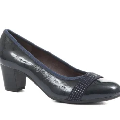 Block Heeled Court Shoes - Navy Patent