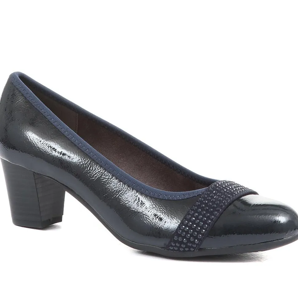 Block Heeled Court Shoes - Navy Patent