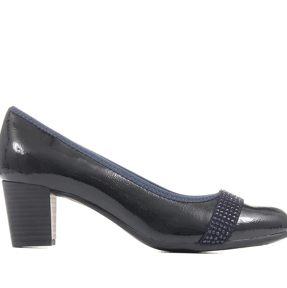 Block Heeled Court Shoes - Navy Patent
