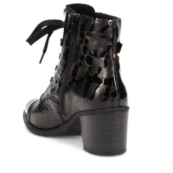 Block-Heeled Leather Ankle Boots - Black Croc