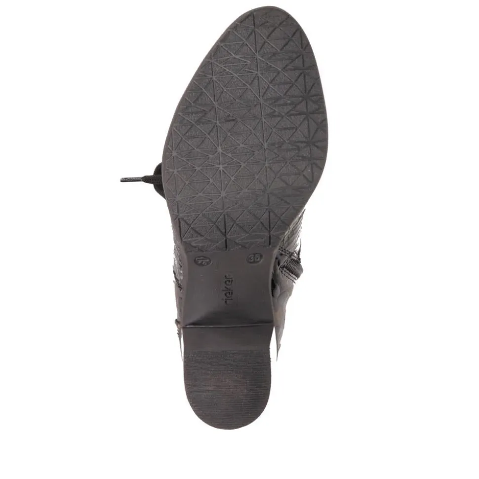 Block-Heeled Leather Ankle Boots - Black Croc