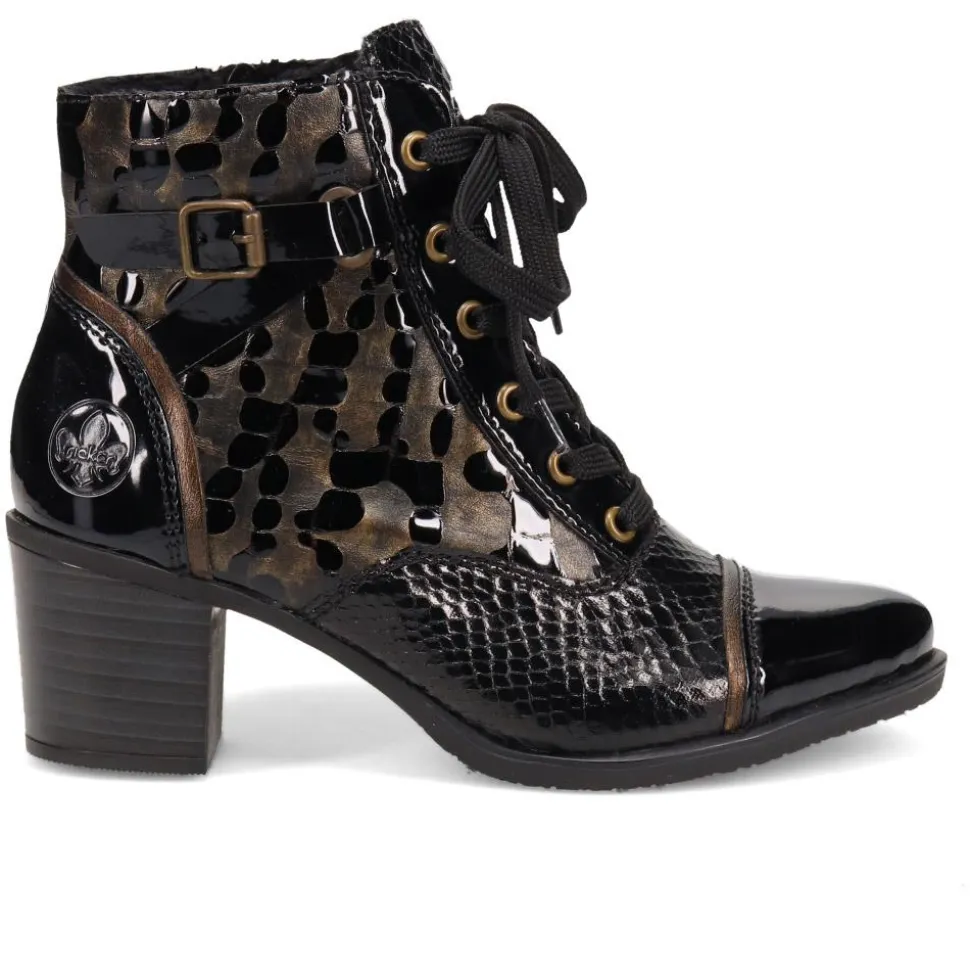 Block-Heeled Leather Ankle Boots - Black Croc