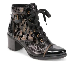 Block-Heeled Leather Ankle Boots - Black Croc