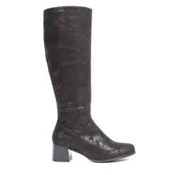 Block-Heeled Long Boots - Black