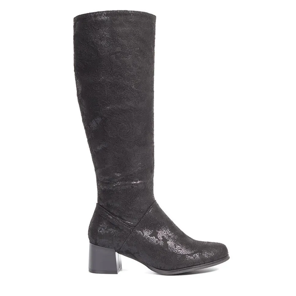 Block-Heeled Long Boots - Black