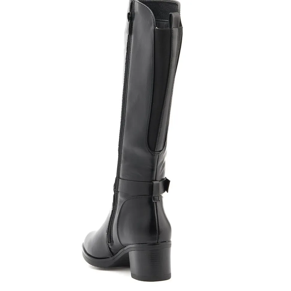 Block-Heeled Long Boots - Black
