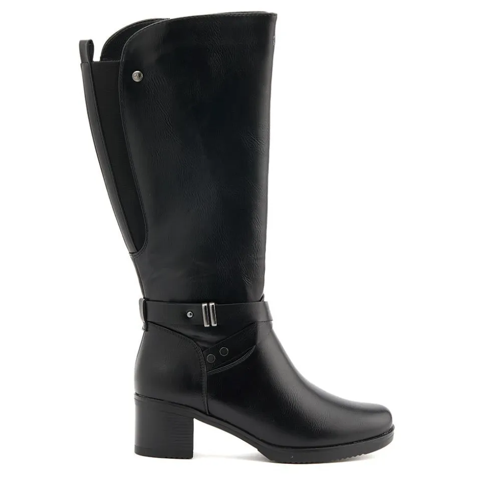 Block-Heeled Long Boots - Black