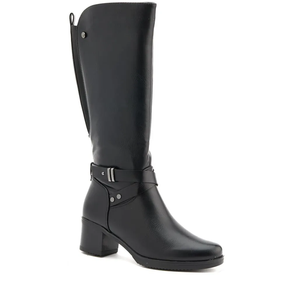 Block-Heeled Long Boots - Black