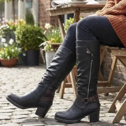 Block-Heeled Long Boots - Black