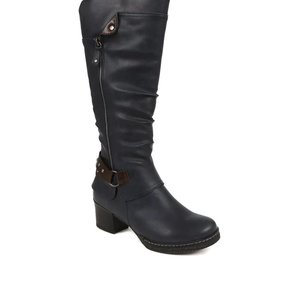 Block-Heeled Long Boots - Blue
