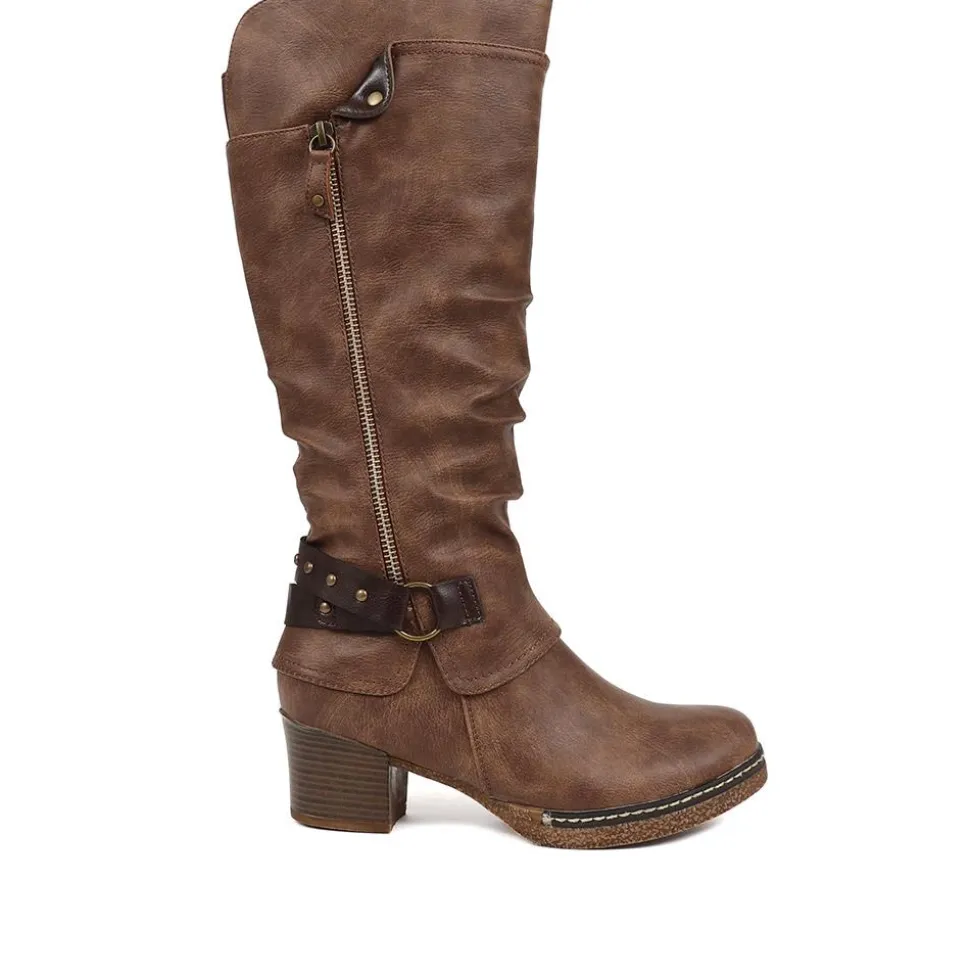 Block-Heeled Long Boots - Brown