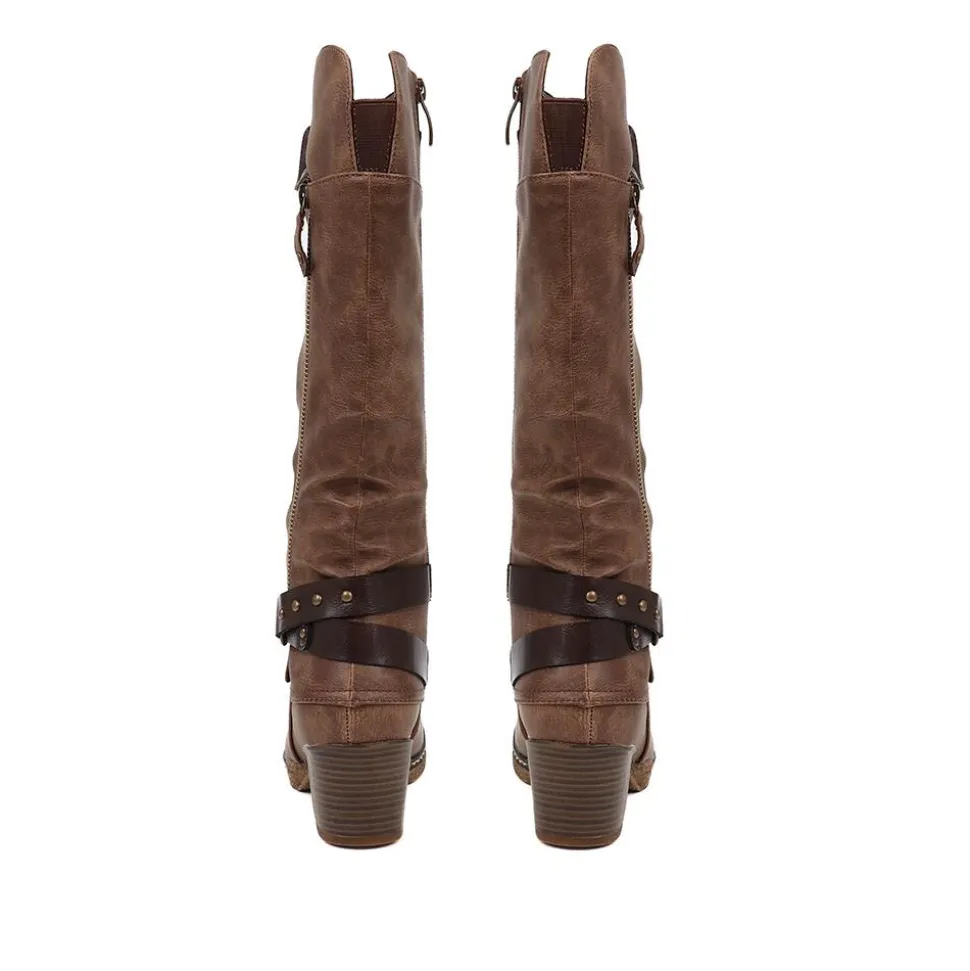 Block-Heeled Long Boots - Brown