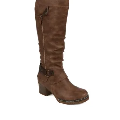 Block-Heeled Long Boots - Brown