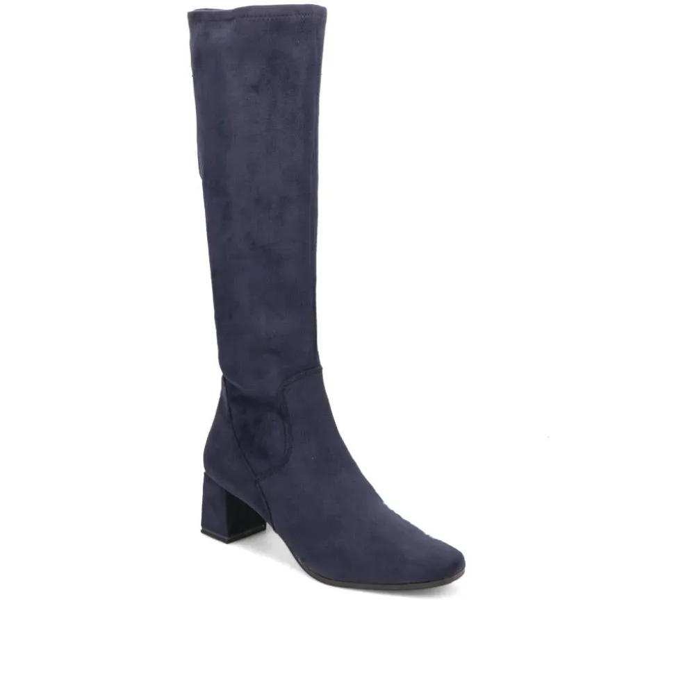 Block-Heeled Long Boots - Navy