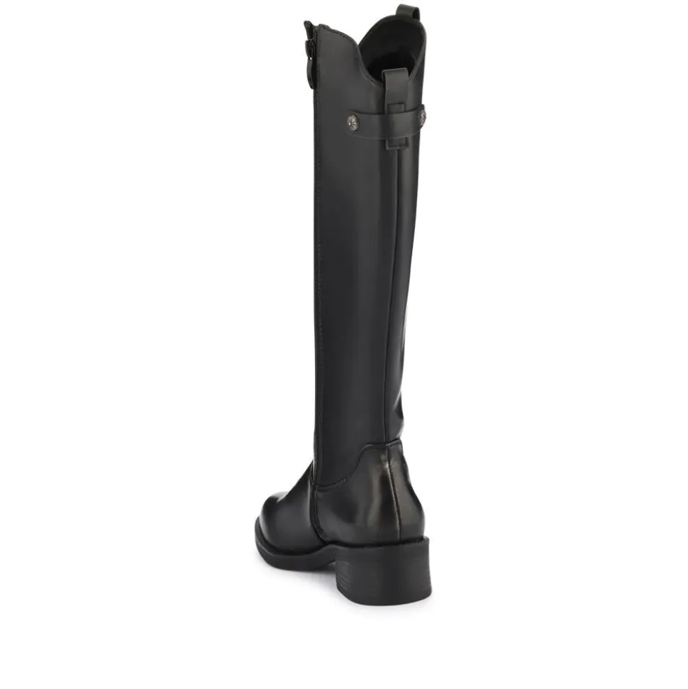 Block-Heeled Slip-On Long Boots - Black