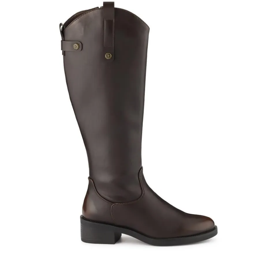 Block-Heeled Slip-On Long Boots - Dark Brown