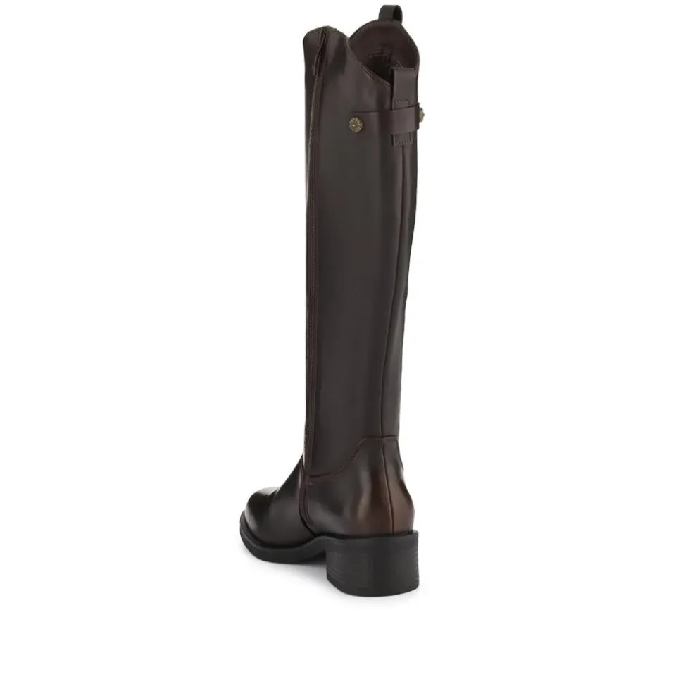 Block-Heeled Slip-On Long Boots - Dark Brown