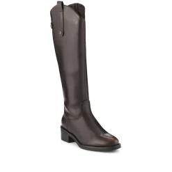 Block-Heeled Slip-On Long Boots - Dark Brown