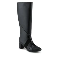 Block Heel Faux Leather Long Boots - Black