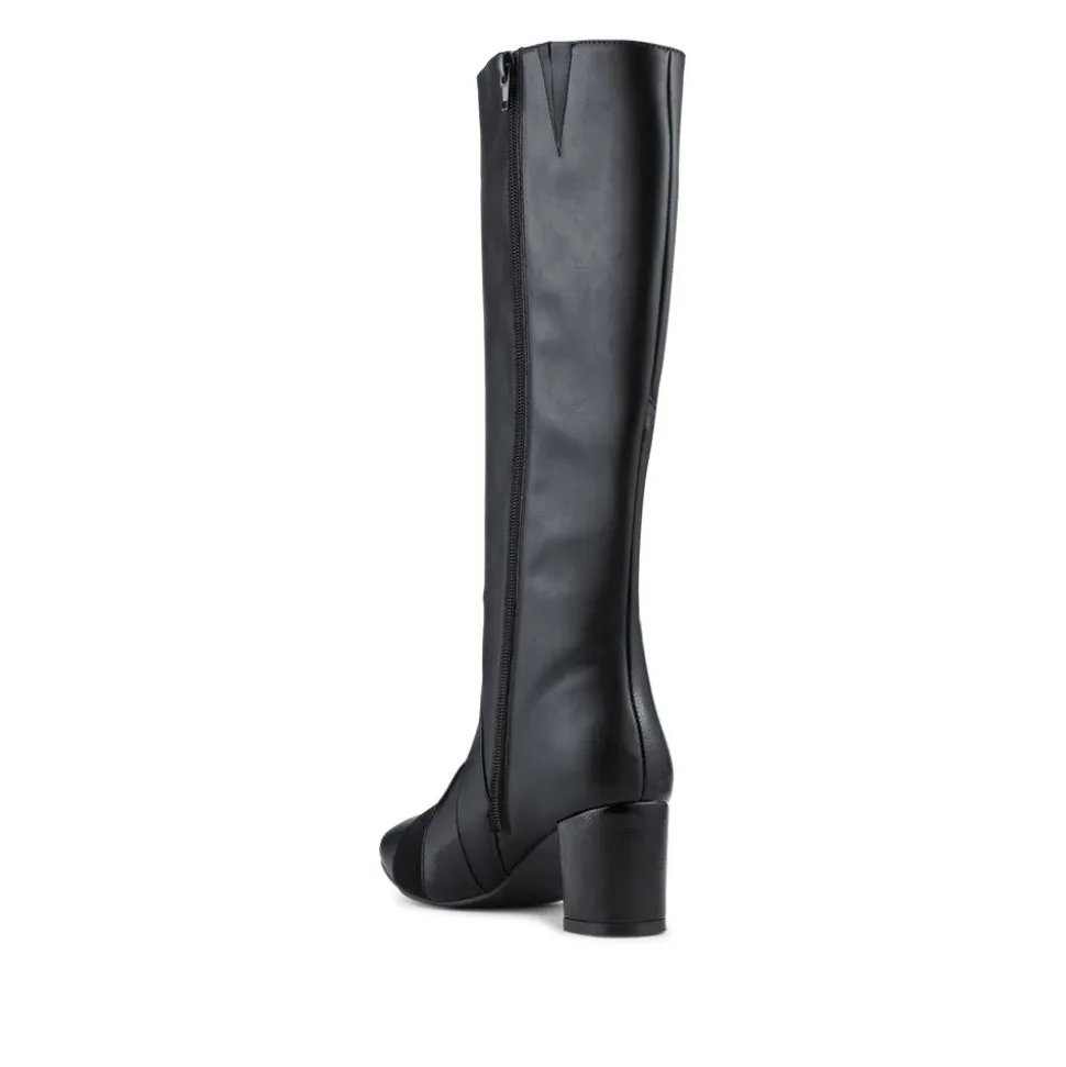 Block Heel Faux Leather Long Boots - Black