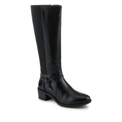 Block Heel Leather Stretch Calf Long Boots - Black