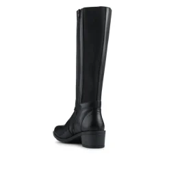 Block Heel Leather Stretch Calf Long Boots - Black