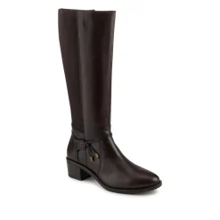 Block Heel Leather Stretch Calf Long Boots - Dark Tan