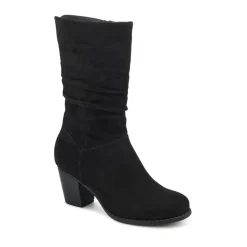 Block Heel Long Boots - Black Faux Suede