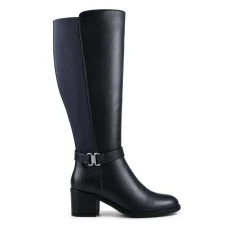 Block Heel Long Boots - Navy
