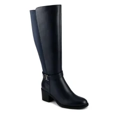 Block Heel Long Boots - Navy