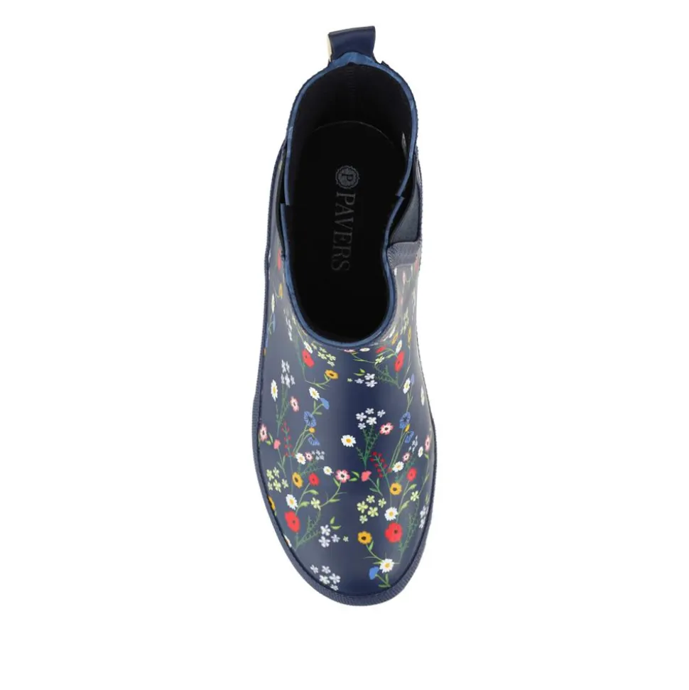 Block Heel Rubber Ankle Wellies - Navy Floral